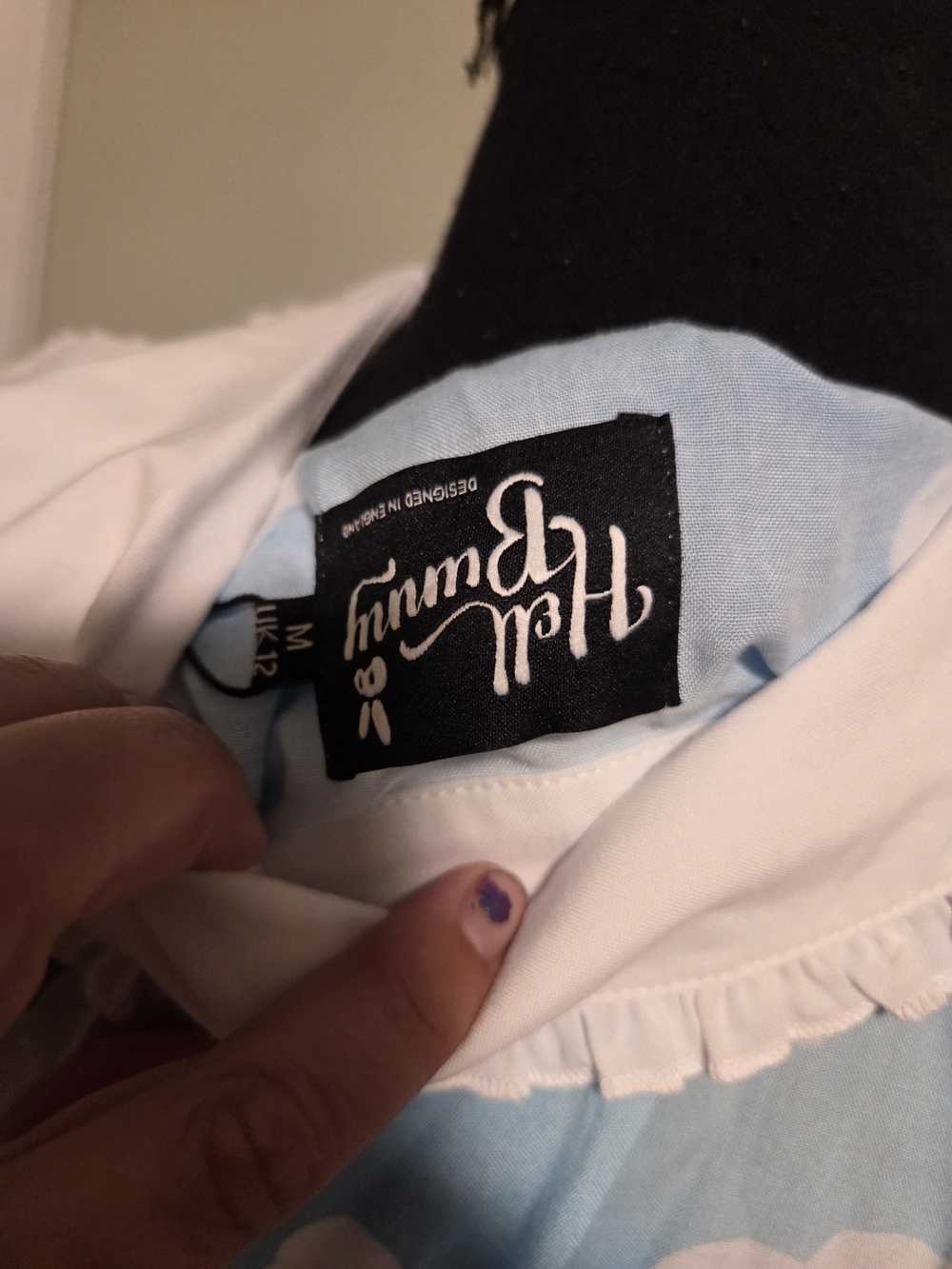 Hell Bunny Blue Cloud Print Button-Down Blouse with White Collar - Picture 7 of 7